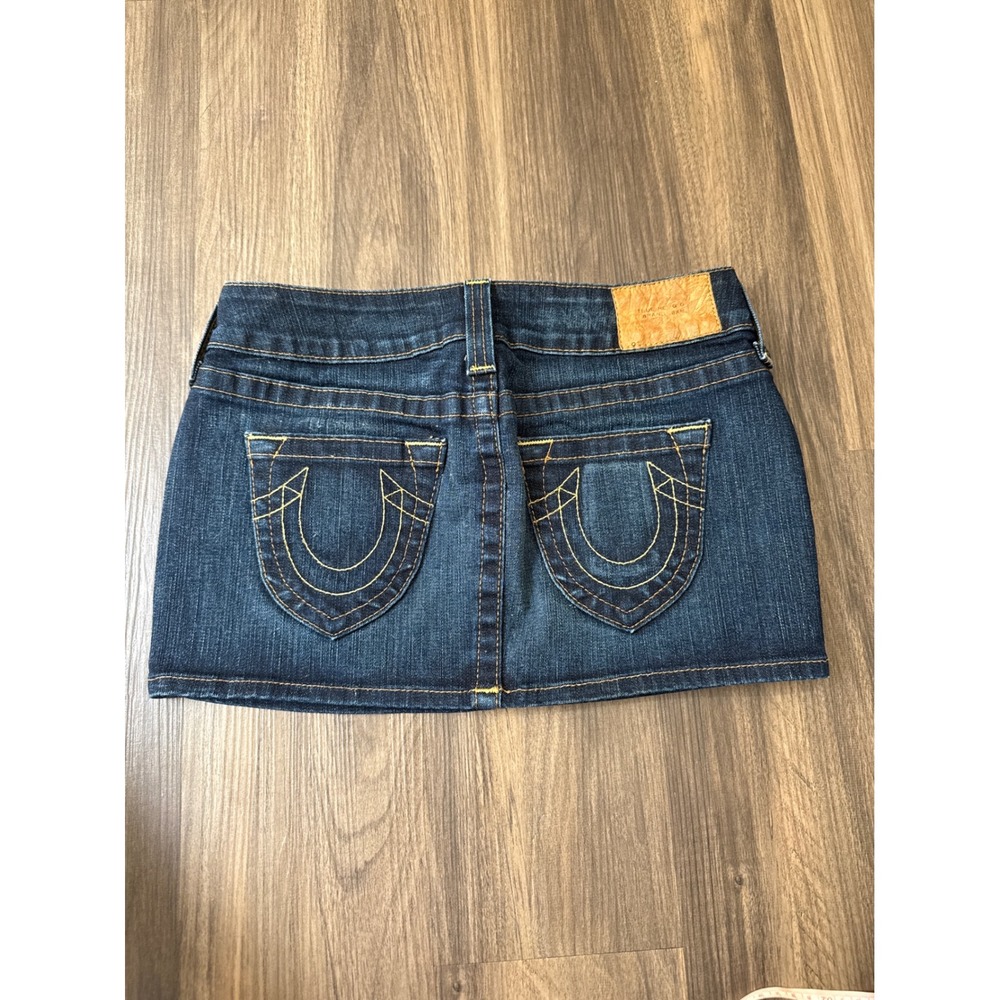 True Religion Micro Mini Denim Skirt Womens 26 Dark Wash Low Rise Y2K Horseshoe
